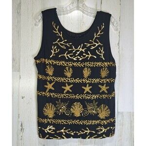 NWT Embellished Beaded Sequin Reversible Tank Top Sz L Haven Bleu Black Gold NYE